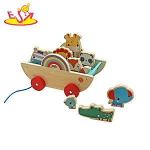 Wholesale Early Education Wooden Baby Walking Animal Pulling Cart Toys For Toddlers W05C154