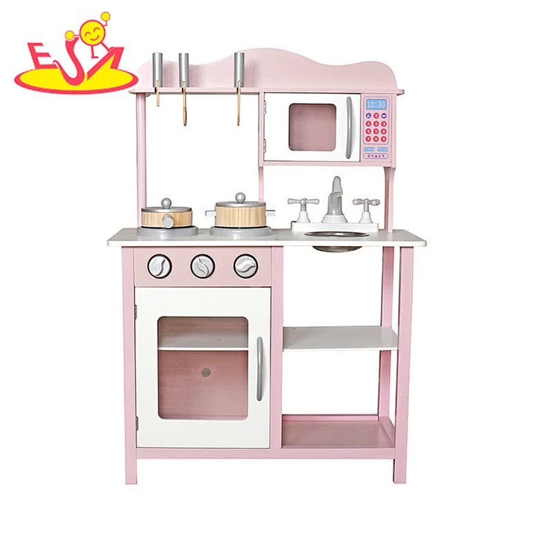 Cocina rosada de madera vendedora caliente del juego de las muchachas para el juego de simulación W10C404D