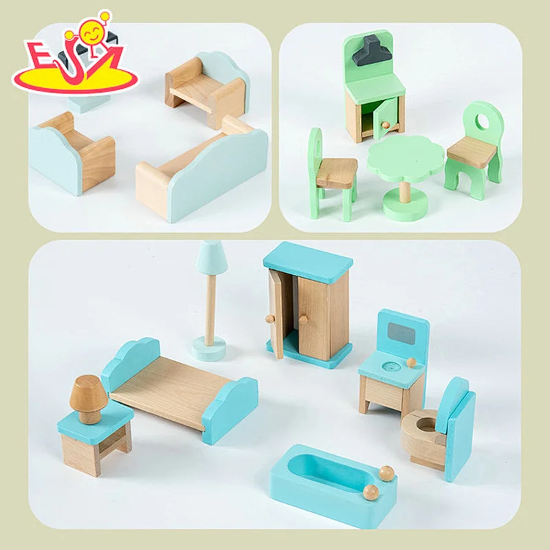 DIY Toy Educational Toy Kids Wooden Blue Doll House With Furniture W06A488