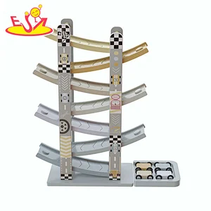 New design educational kids wooden toy car ramp racer with 4 mini cars W04E432