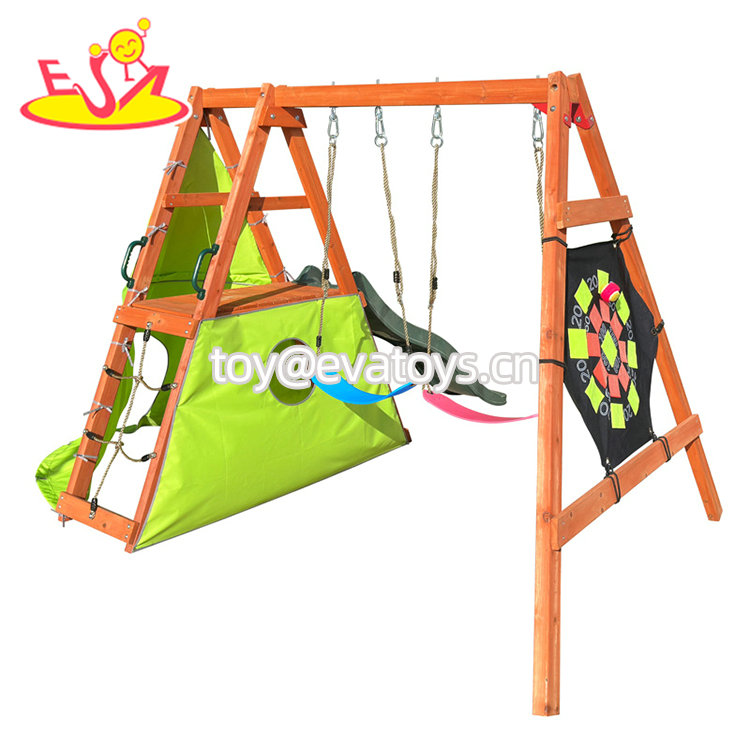 Kids Outdoor Backyard Playground Wooden Slide Swing Set with Climbing Rope W01D279