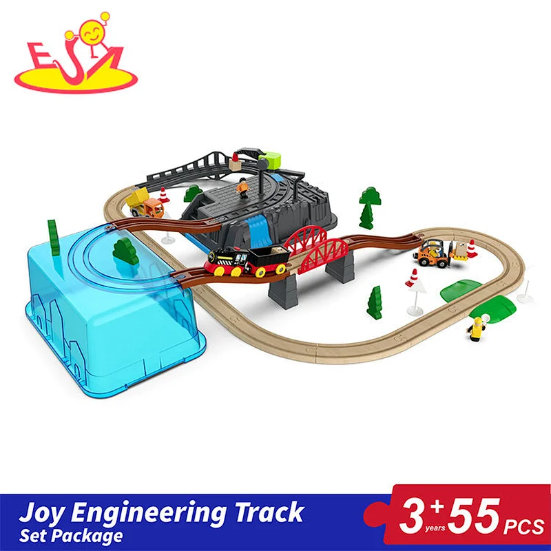 55 Pcs Educational Train Rail Toy Wooden Engineering Slot Play Set For Kids W04C248