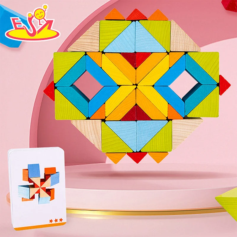 Kids Stacking 3D Puzzles 48 Pcs Wooden Geometric Building Blocks With Cards W13A291