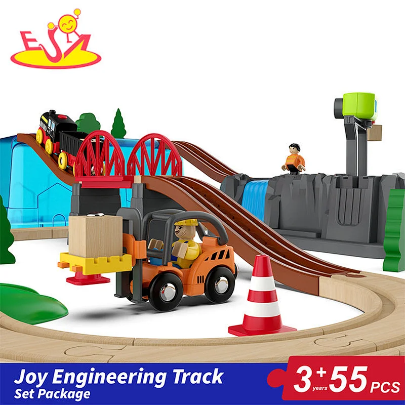 55 Pcs Educational Train Rail Toy Wooden Engineering Slot Play Set For Kids W04C248