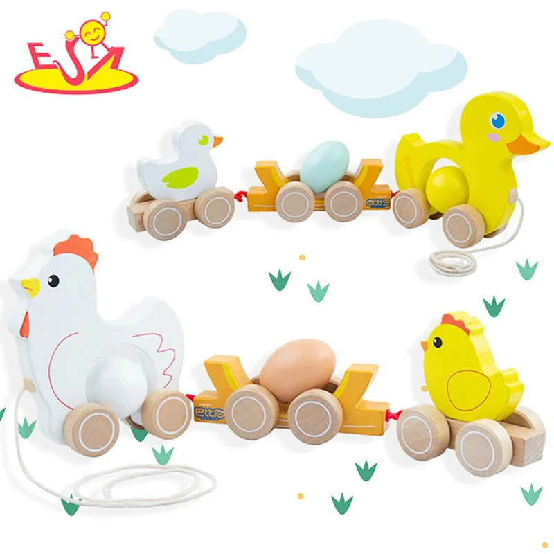 Hot Selling Kids Educational Pull Along Toy Wooden Chick Dragging Cart W05B211