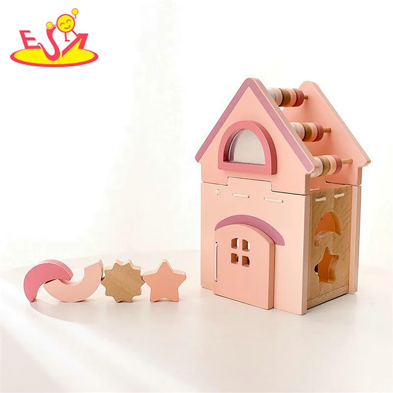 Multifunction Educational Pink House Shaped Wooden Shape Sorter Toy For Kids W12D497