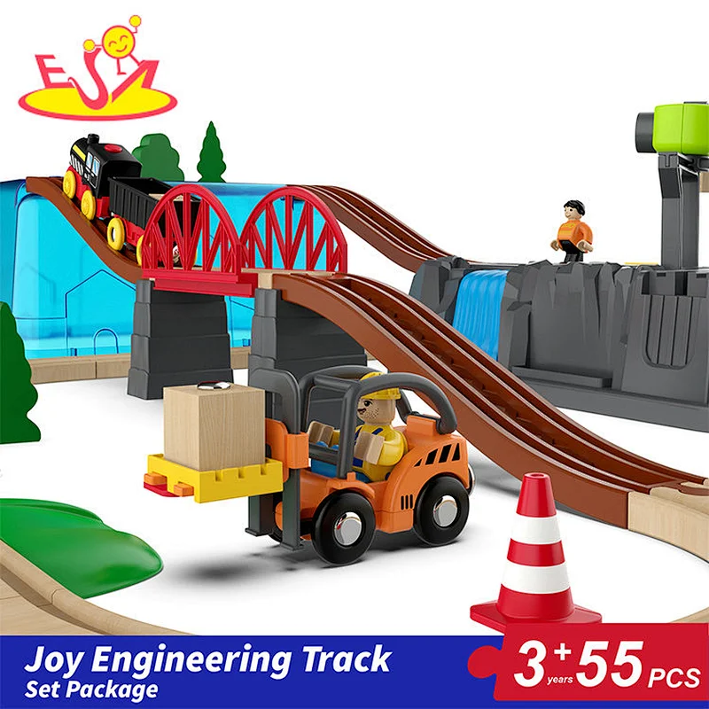 55 Pcs Educational Train Rail Toy Wooden Engineering Slot Play Set For Kids W04C248