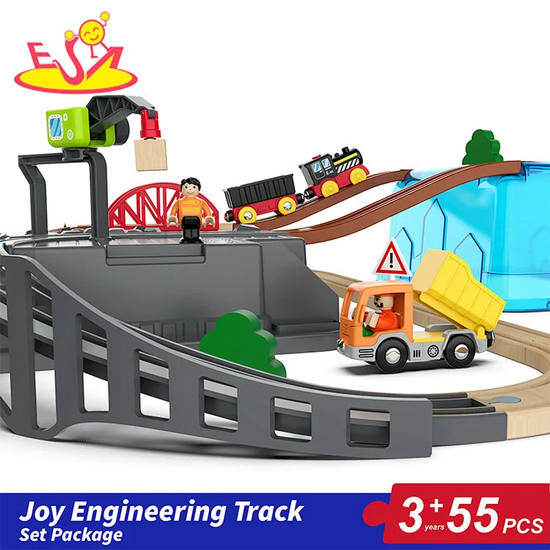 55 Pcs Educational Train Rail Toy Wooden Engineering Slot Play Set For Kids W04C248