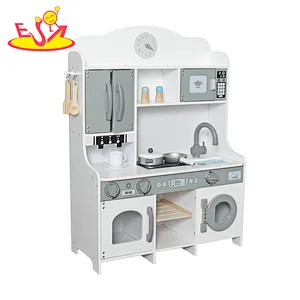 Customize Kids Play House Modern White Wooden Kitchen Toy With Accessories W10C738