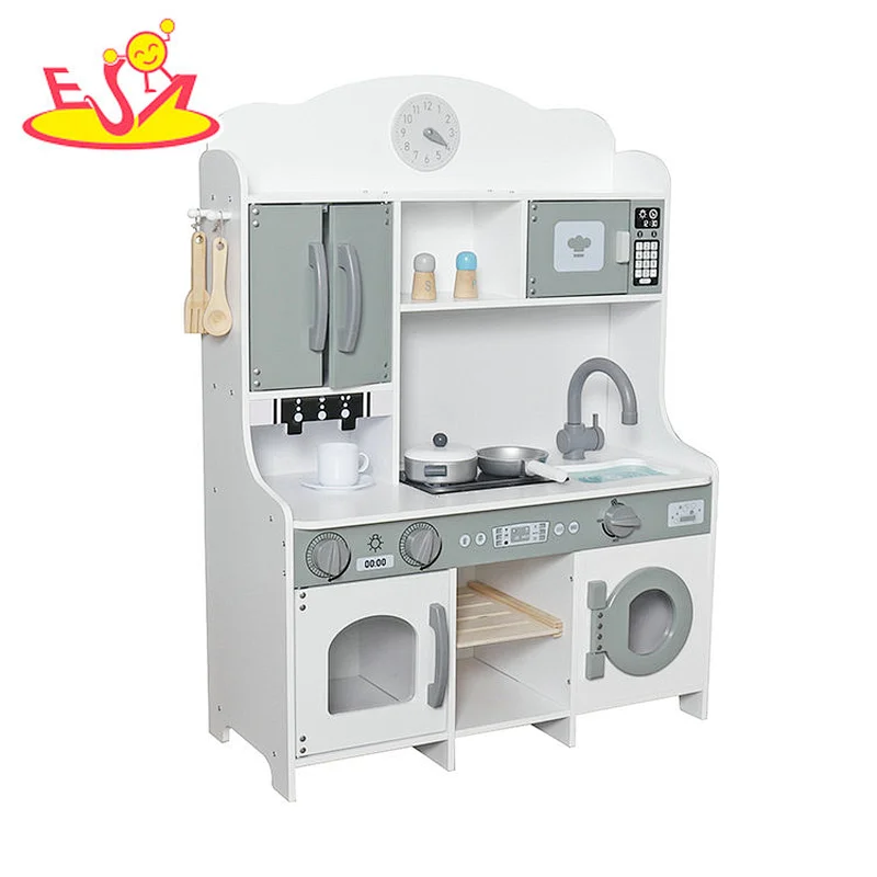 Customize Kids Play House Modern White Wooden Kitchen Toy With Accessories W10C738