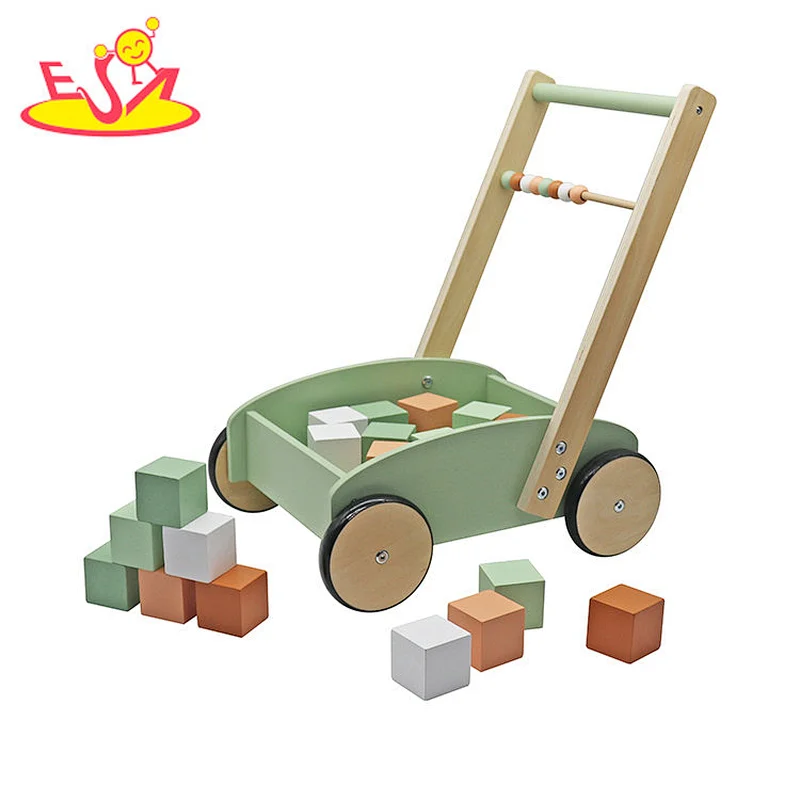 High Quality Early Educational Baby Strollers Wooden Push Walker With Blocks W16E218
