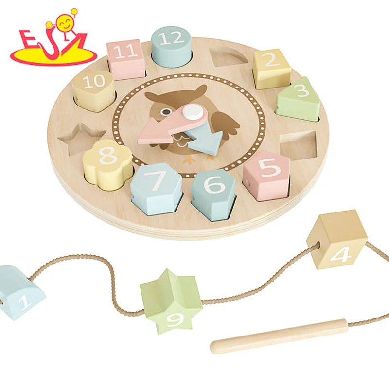 Educational Threading Toy Wooden Cartoon Owl Clock Puzzle For Kids W14K067B