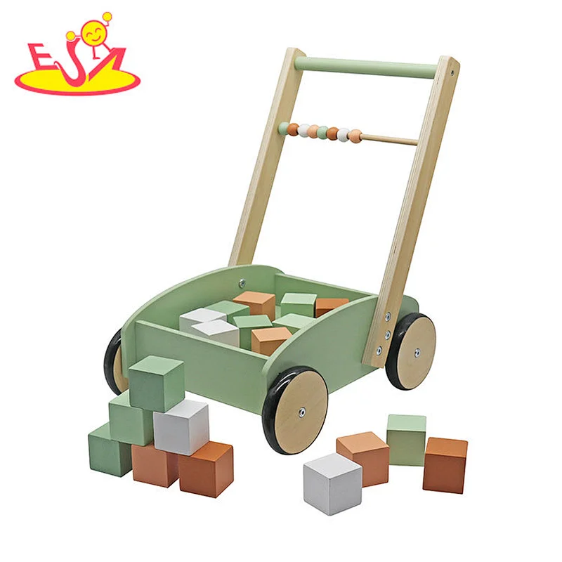High Quality Early Educational Baby Strollers Wooden Push Walker With Blocks W16E218