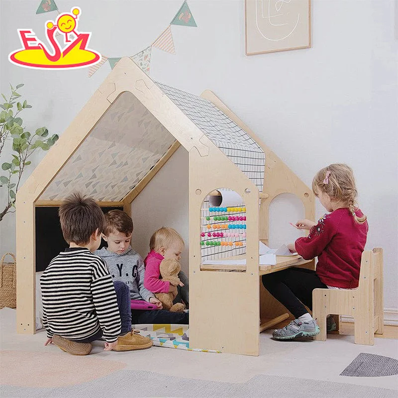 Multifunctional Kids Educational Wooden Playhouse With Table And Chair W01D256