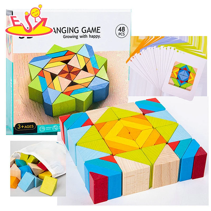 Kids Stacking 3D Puzzles 48 Pcs Wooden Geometric Building Blocks With Cards W13A291
