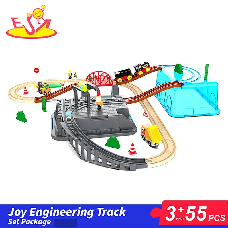 55 Pcs Educational Train Rail Toy Wooden Engineering Slot Play Set For Kids W04C248