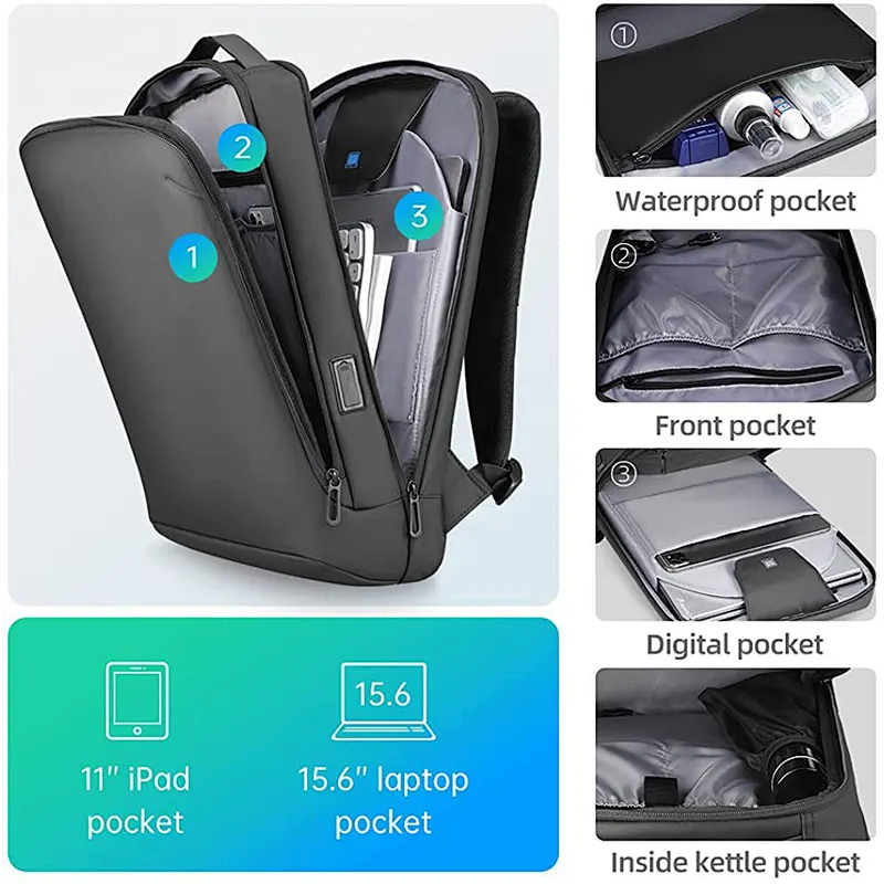 Wholesale Smart Water Resistant USB Black Travel Bag Mochilas Escolares Men Cool Leisure Slim Laptop President Backpack