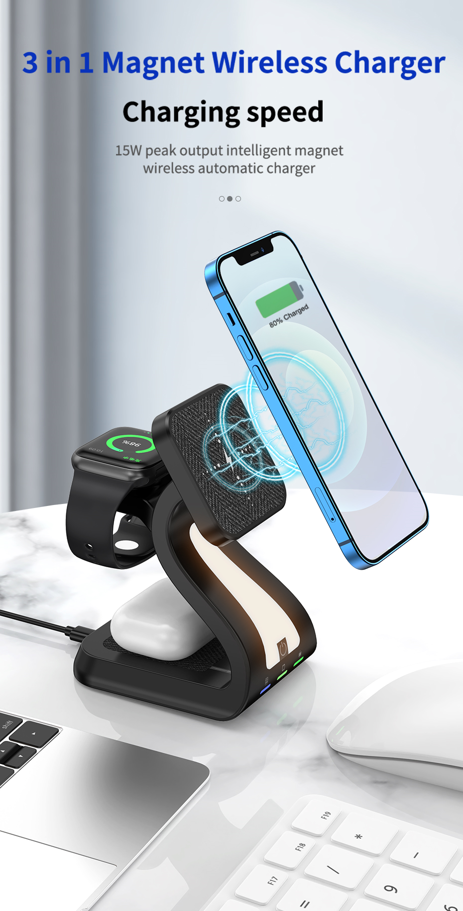 JEDI H20 New Multifunction Mag Safe Chargers Mobile Phone Headphone Watch 4in1 Qi Magnetic Wireless Charger