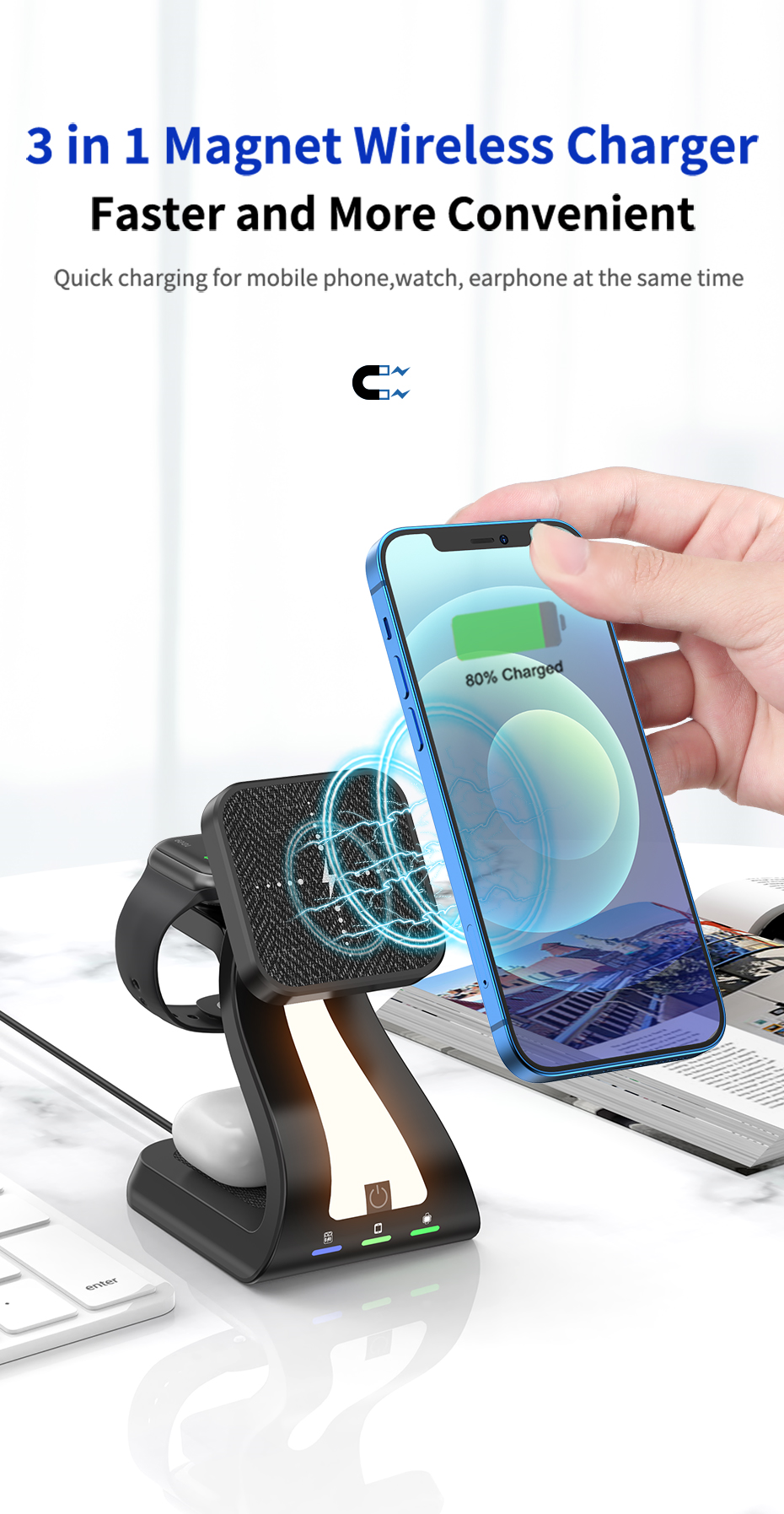 JEDI H20 New Multifunction Mag Safe Chargers Mobile Phone Headphone Watch 4in1 Qi Magnetic Wireless Charger