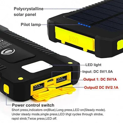 New Waterproof Solar Power Bank 10000mah Dual Usb Li-polymer  Battery Charger Travel Powerbank For All Phone