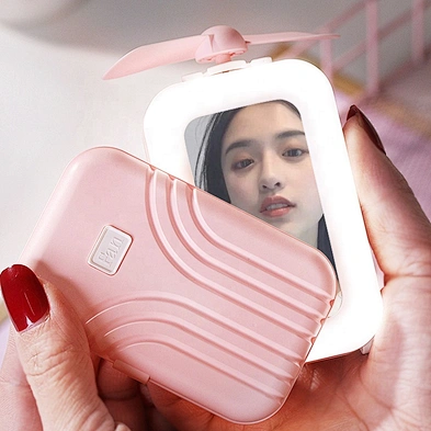 Led Luggage Mirror Ventilador Design Usb Charging Handheld Travel Case Portable Small Box Shape Beauty Cute Mini Fan
