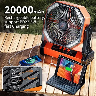 Camping LED Fan with Light, Outdoor Tent Fan with Light and Hook, Personal USB Desk Fan