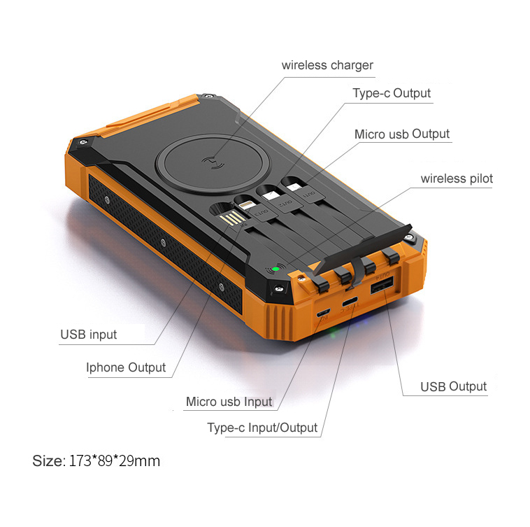Solar Wireless 20000Mah Fast Charge Slim Charging Portable Outdoor High Quality Banks Qi With Cable Hot Selling Four Power Bank