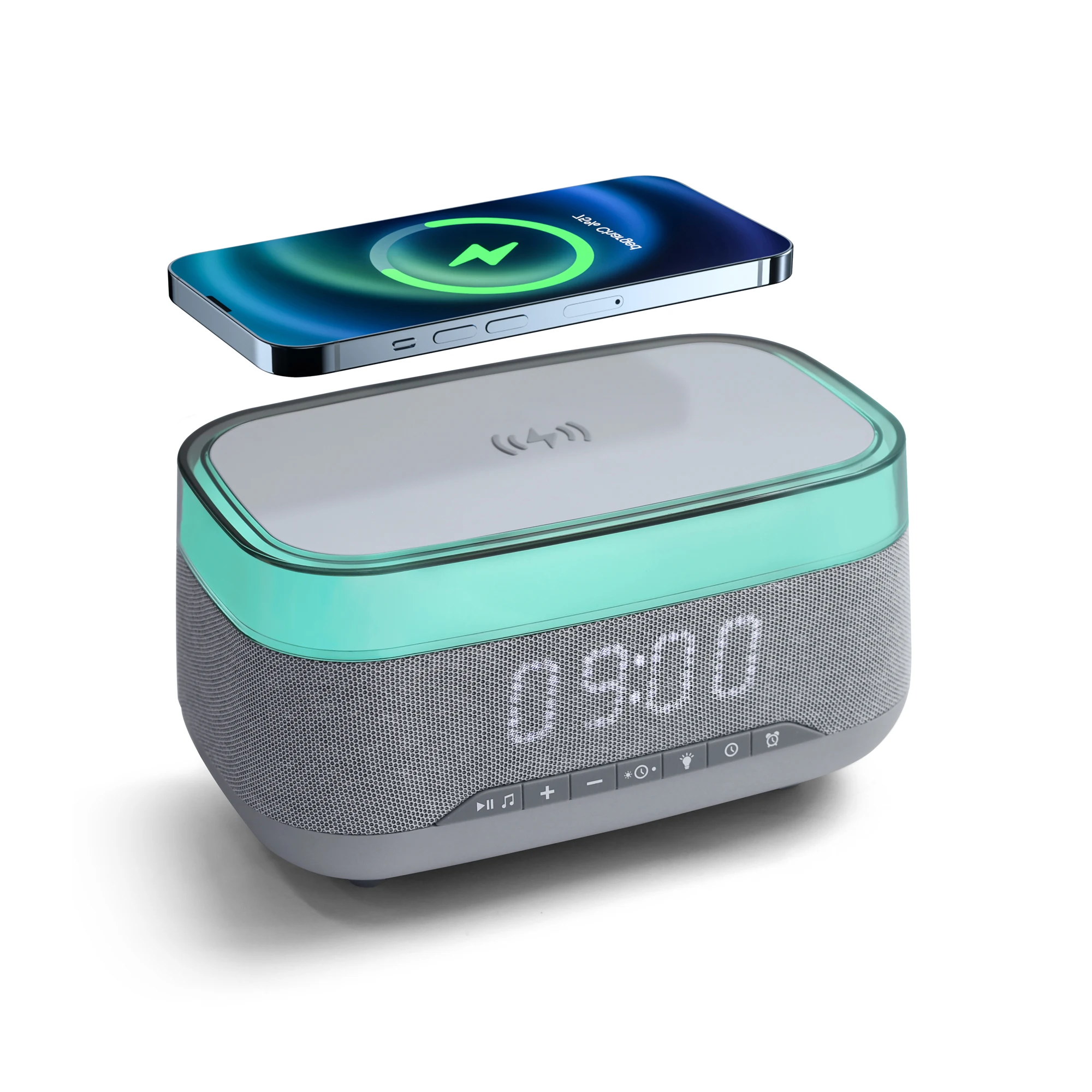 best seller qc 10W Qi Wireless Charger Portable Atmosphere Night Light Wireless Alarm Clock Blue tooth Speaker