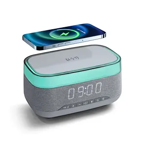 best seller qc 10W Qi Wireless Charger Portable Atmosphere Night Light Wireless Alarm Clock Blue tooth Speaker