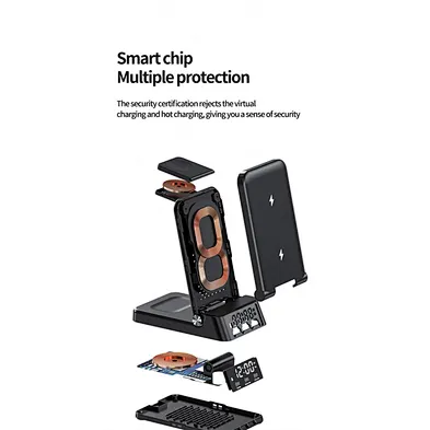 Multifunctional  Fast Charging Stand 4in1 Foldable Portable Digital Alarm A60 3 In 1 Wireless Charger With Clock