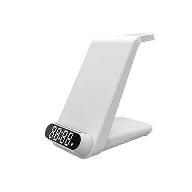 White 5 In 1 Bedroom Fast Charge Stand Station 3 In 1 Smart Wireless Desk Alarm Clock Charger With Led Light