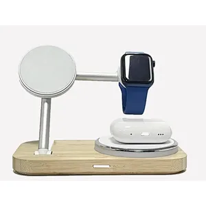 Foldable Wireless Charger 4 In 1 with LED light with bamboo wood