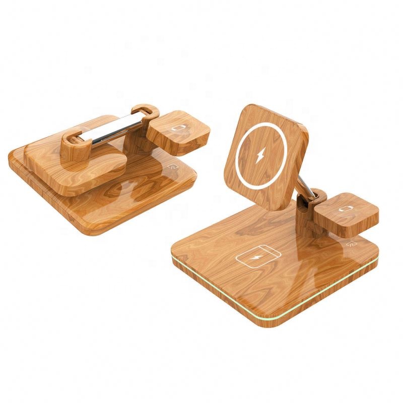 Multifunctional Wholesale Fast Qi Charging phone Foldable 15W Mobile Stand Up 3 In 1 Wood Wireless Charger For Phone
