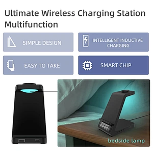 White 5 In 1 Bedroom Fast Charge Stand Station 3 In 1 Smart Wireless Desk Alarm Clock Charger With Led Light