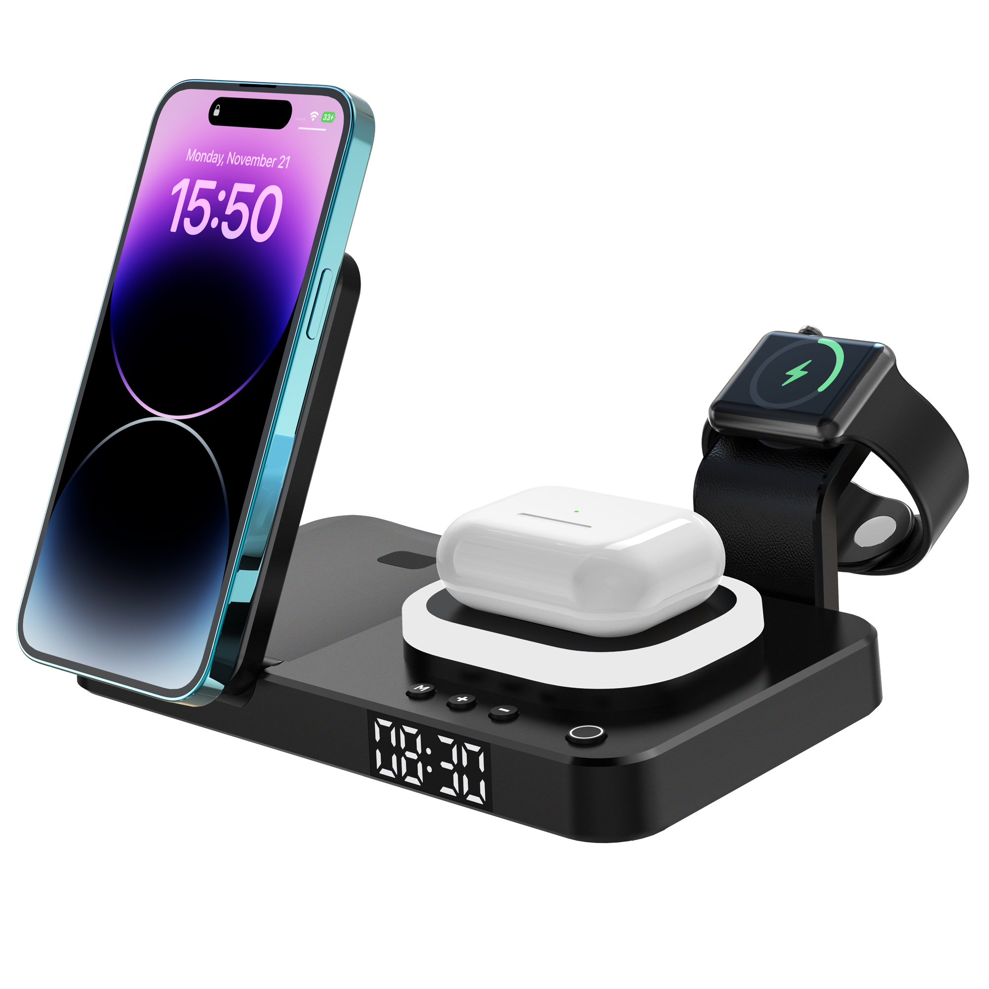 5 In 1 Foldable Charging Stand Bed Side Led Night Light Wireless Charger With Alarm Clock