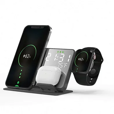 Innovative 15W 3 in 1  Wireless Charger Digital Clock LED Desktop Alarm Clock Wireless Charger With Temperature