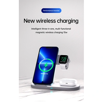 Portable 15W Wireless Charging Station 3 in 1 Wireless Charger Fast Charging  for Phone