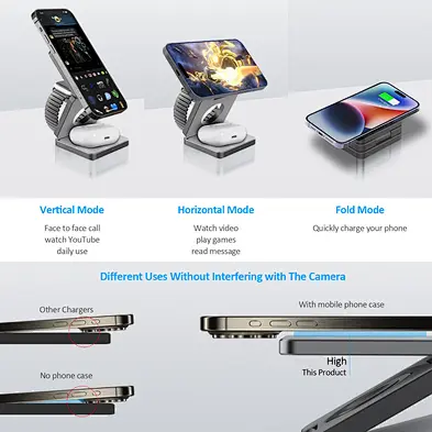 Anti Slip Slim Fast 3 in 1 foldable magnetic wireless charger Portable Mini Aluminum Alloy Wireless Charger
