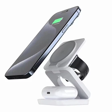 Factory Direct Sale High Quality Tri 3in1 Qi Folding Vertical Wireless Magnetic Charger For Phone Watch Earphones