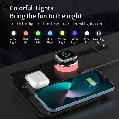 JEDI X499 Custom Logo Wireless Station Charging Dock 15w 3 4 in 1 Phone Charger Portable With Atmosphere Lamp
