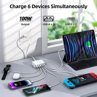 Usb C Fast Charger 100W 6 Port Pd And Qc A Wall Adapter Super Type Block Compact 5Ft Extension Cube Charging U Gan Charge Plug