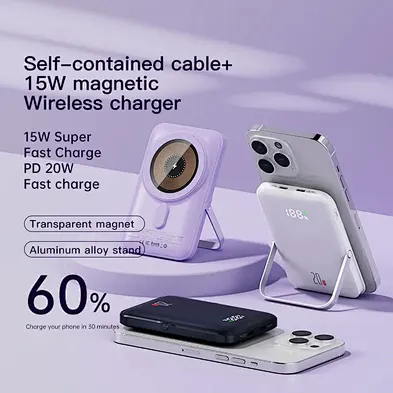 Charging magnetic wireless powerbank for phone series15W qi Stand Pd 10000Mah Type-C Bracket Ultra Thin Led Pd20w Charging