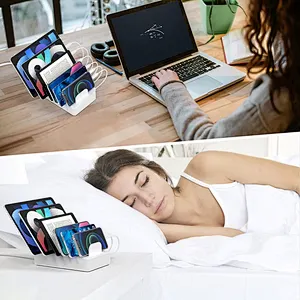 50W 6 Port multi usb charger station Organizer with 6 Cables Compatible with Cellphone tablet