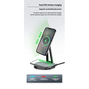 2-in-1 Desktop Magnetic Wireless Charging Station Dock For Fabric 15w Fast Wireless Charger Stand For mobile phone