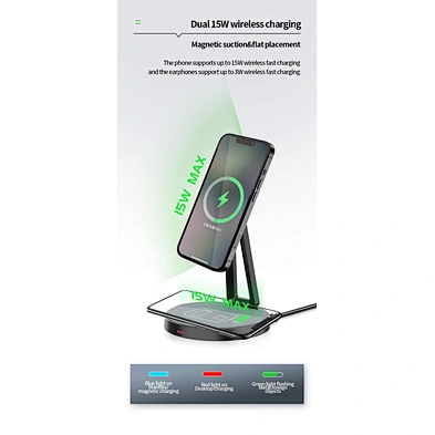 2-in-1 Desktop Magnetic Wireless Charging Station Dock For Fabric 15w Fast Wireless Charger Stand For mobile phone