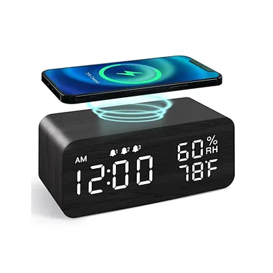 Clock Wood Alarm Desk With Display Led Digital phone Time Clocks Table Thermometer Humidity Sound Control Wireless Charger