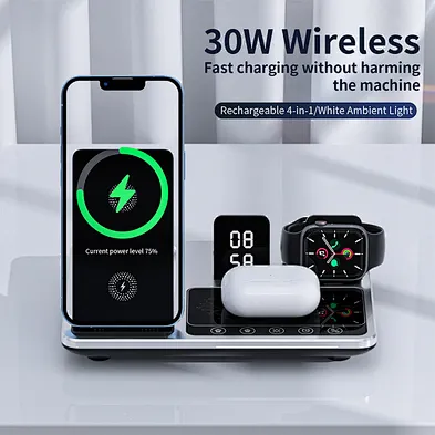 3 In 1 Fast Charging 3-In-1 Foldable 15W Digital Clock Metal Wireless Charger