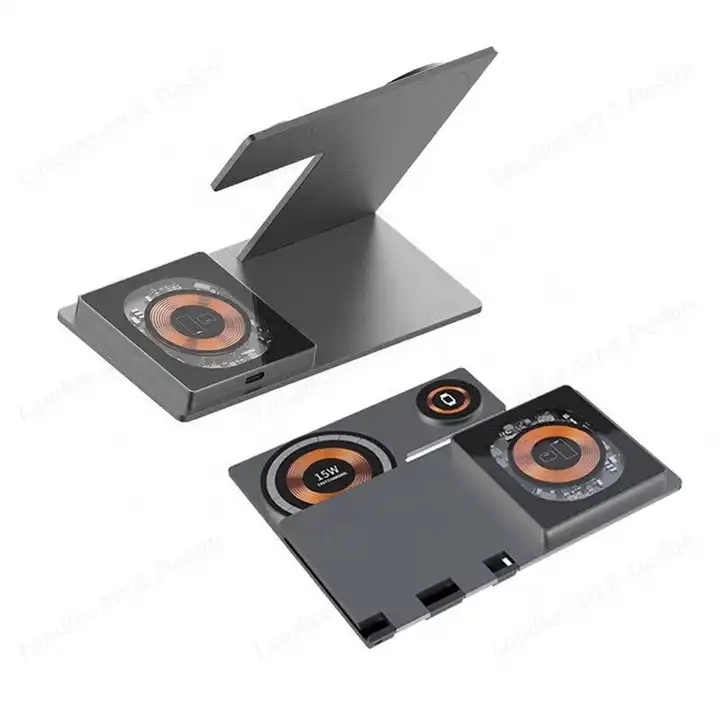 2024 Folding Charging Stand Station T29 Aluminum Alloy Magnetic 3 In 1 Wireless Charger With Dual 15W Output H216