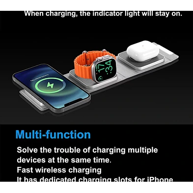 Travel Pocket Size PU Leather 3 In 1 Foldable Magnetic Wireless Charger For Phone Earphone Watch