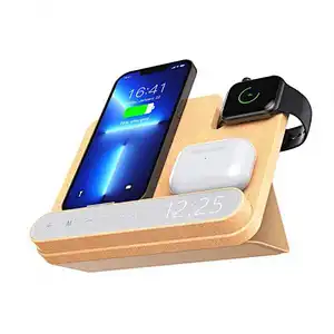 Hot Selling 3 In 1 Desktop 15W Wooden Qi Fast Digital Bamboo Wood Alarm Clock And Wireless Charger
